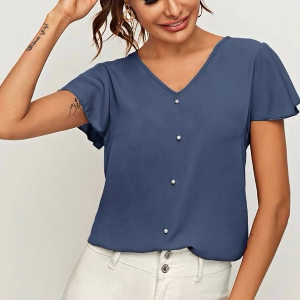 Blue‎ flutter sleeve blouse